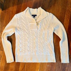 Vintage Chaps 100% Cotton Cream Cable Knit Shawl Collar Sweater with Toggle